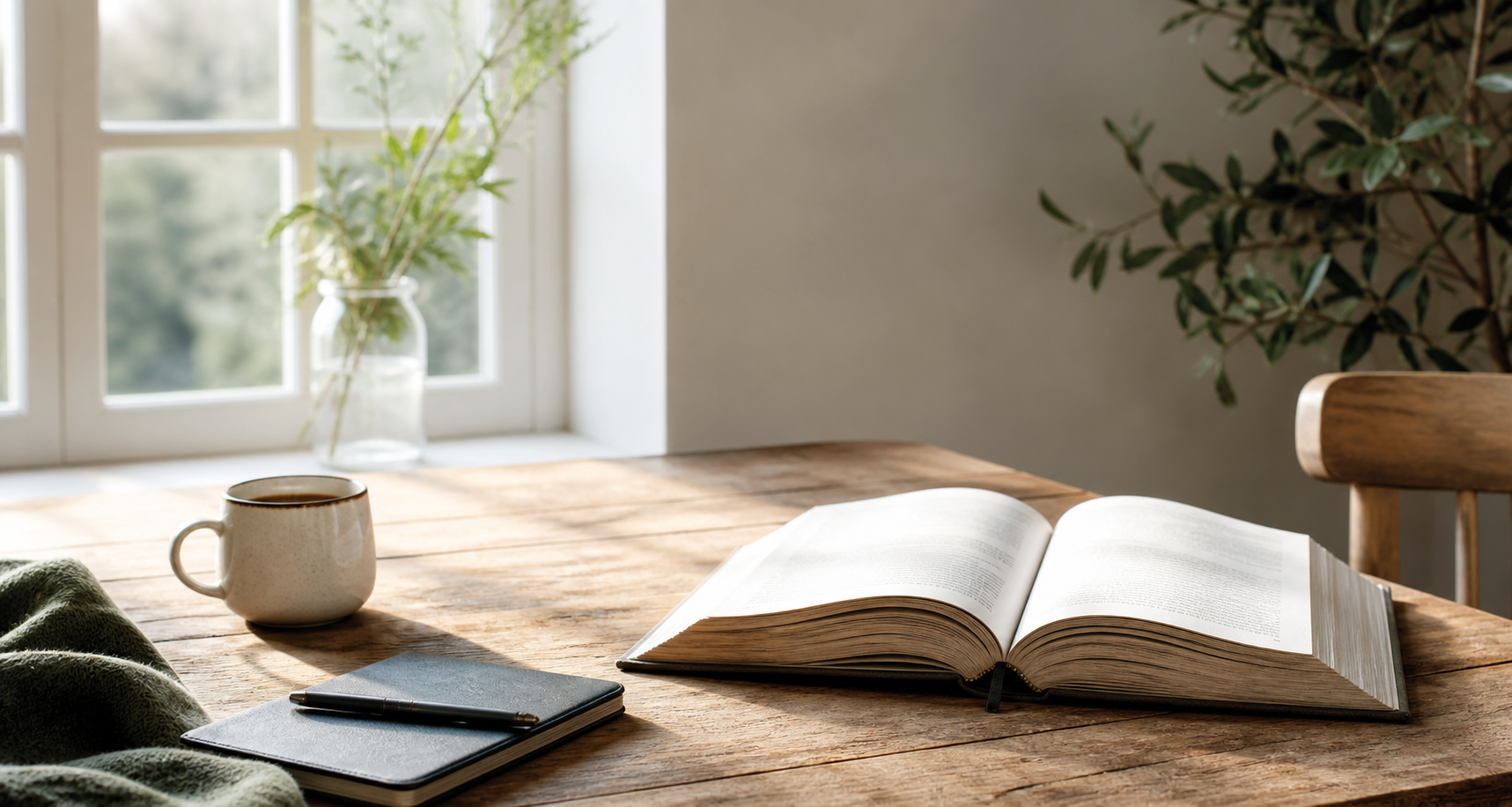 Open boek op een rustige werktafel in ochtendlicht